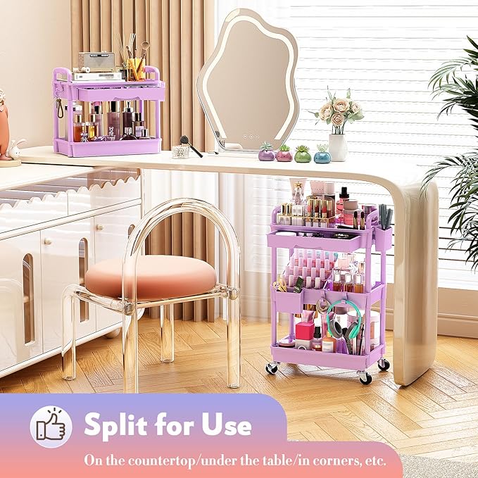 SUNALLY Makeup Cart Organizer with Drawers, Floor Skincare Organizers Vanity Storage Organizer, Rolling Makeup Bathroom Storage Cart Cosmetics Display Cases for Skin Care Perfume Nail Polish, Purple