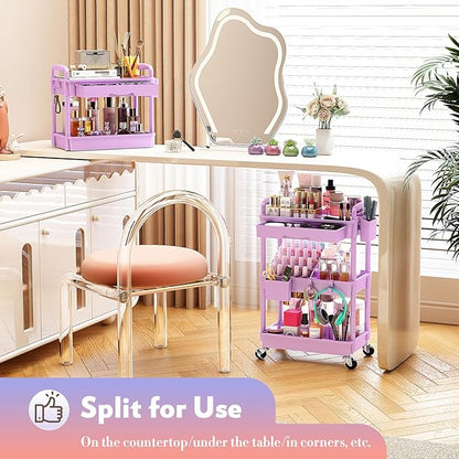 SUNALLY Makeup Cart Organizer with Drawers, Floor Skincare Organizers Vanity Storage Organizer, Rolling Makeup Bathroom Storage Cart Cosmetics Display Cases for Skin Care Perfume Nail Polish, Purple