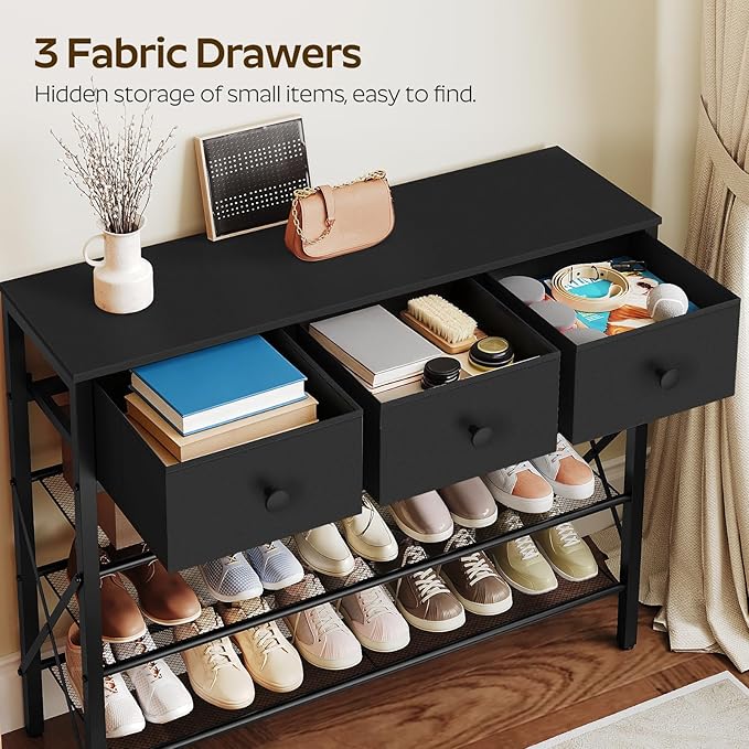 YATINEY 4-Tier Shoe Rack with 3 Drawers, Metal Shoe Organizer for 15 Pairs with Storage Shelves and Wooden Top, for Entryway, Hallway, Foyer, Closet, Black SS34BB