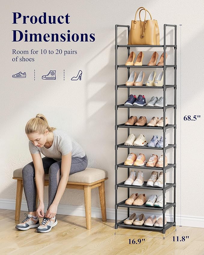Kitsure Shoe Rack - 10-Tier Shoe Organizer with Detachable Fabric Shelves & Metal Frame, Tall Shoe Rack for Closet, Entryway, Living Room, 16.9" Wide - 10 Tier, Black