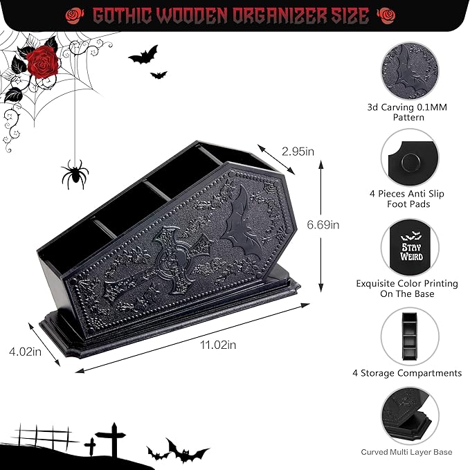 Gothic Coffin Decor Makeup Brush Holder,Spooky Witchy Gifts for Women,Bat Cosmetic Display Cases,Cross Goth Decor Pen Holder, Vanity, Desk, Office Organizer for Christmas Bedroom Bathroom,Black