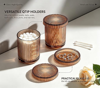 2 Pack Glass Qtip Holder Dispenser Set - Bathroom Organizer for Cotton Swabs, Balls, Pads, Floss Picks - Clear Apothecary Jars for Vanity, Makeup Storage, Bathroom Accessories Decor (Brown)