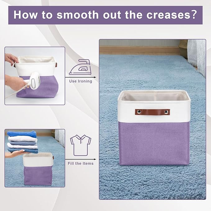 Bagnizer Collapsible Fabric Storage Cubes 11x11 Cube Storage Bins, 4 Pack Closet Baskets Box with Handles for Organizing, Shelf, Toys, Clothes, Home, Office, Nursery (Purple&White)