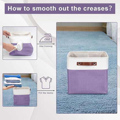 Bagnizer Collapsible Fabric Storage Cubes 11x11 Cube Storage Bins, 4 Pack Closet Baskets Box with Handles for Organizing, Shelf, Toys, Clothes, Home, Office, Nursery (Purple&White)