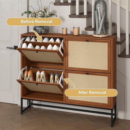 AVZEAR 43" Narrow Shoe Storage Cabinet for Entryway with Natural Linen Panel, Freestanding Slim Shoe Cabinet with 4 Flip Drawers, Wood Shoe Organizer Closed Shoe Rack for Hallway, Living Room(Walnut)