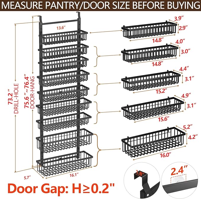 POKIPO 9 Tier Over The Door Pantry Organizer, 2 in 1 Wall Mount or Hanging Spice Rack with Adjustable Deep Basket, Heavy-Duty Seasoning Organizer and Storage for Kitchen Cabinet Closet Bathroom