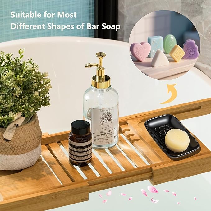 Gomakren Soap Dish for Shower, Ceramic Bar Soap Holder with Honeycomb Design - Soap Saver Tray for Bathroom Kitchen Sink, Sponge & Organizer Tray, Upscale Look, 5.5 Inch, Black