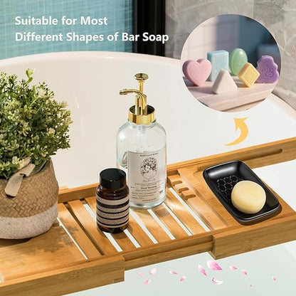 Gomakren Soap Dish for Shower, Ceramic Bar Soap Holder with Honeycomb Design - Soap Saver Tray for Bathroom Kitchen Sink, Sponge & Organizer Tray, Upscale Look, 5.5 Inch, Black