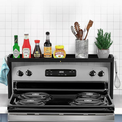 IIIOIIIA Bamboo Over the Stove Spice Shelf for Kitchen, 31.5" Spice Rack Organizer Shelf with 6 hooks, 11.4" Height Extra Storage Countertop, Easy to Assemble, Black