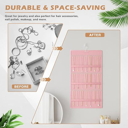 Hanging Jewelry Organizer Storage Roll, Double-Sided Necklaces Holder, 42 Pockets Plus 36 hooks Earrings Organizer Hang in Closet, On Wall, or Doors, Pink