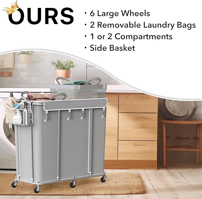 Simple Houseware Extra Large 2 Section Rolling Laundry Cart 265L (70 Gal) – Heavy Duty Hamper with 2 Removable Bags & 6 Smooth Wheels – Commercial Laundry Organizer for Home, Hotel, Dorm, Gym, Gray