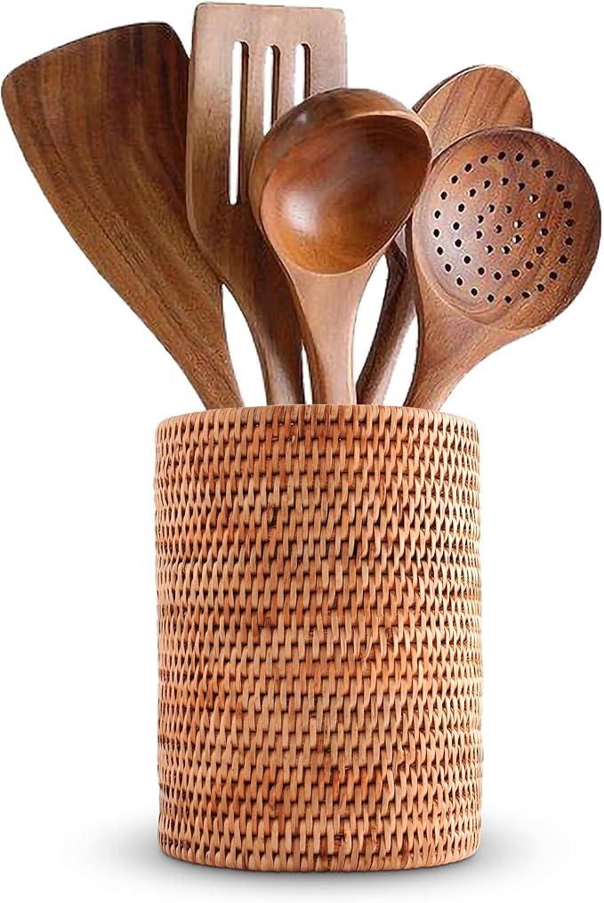 Vagabond House Hand Woven Rattan Utensils Holder - 8 Inches Tall x 5.5 Inches Diameter - Natural and Durable Eco-Friendly Material for Storing and Organizing Kitchen Utensils