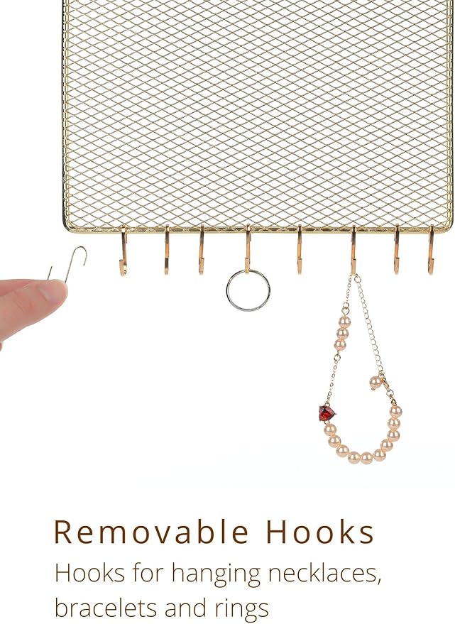Heesch 2 Pack Earring Holder Wall Mounted Hanging Jewelry Organizer Display Decorative Metal Diamond Shape with Hooks for Necklaces Bracelets (Gold)