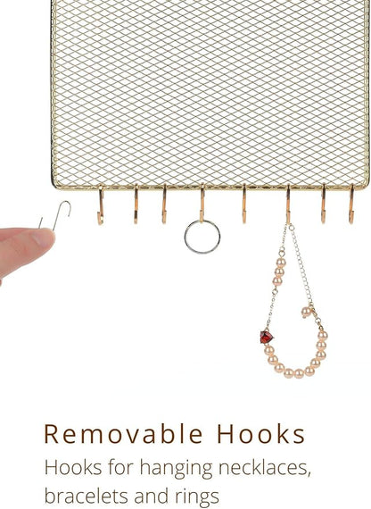 Heesch 2 Pack Earring Holder Wall Mounted Hanging Jewelry Organizer Display Decorative Metal Diamond Shape with Hooks for Necklaces Bracelets (Gold)