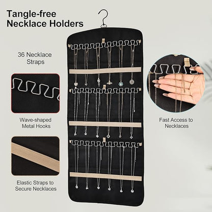 Hanging Jewelry Organizer Storage Roll with 39 Clear Pockets Double-Sided Foldable, Necklace Organizer Tangle Free, Travel Jewelry Holder for Earrings, Rings, Bracelets, Hanging on Closet, Wall, Door