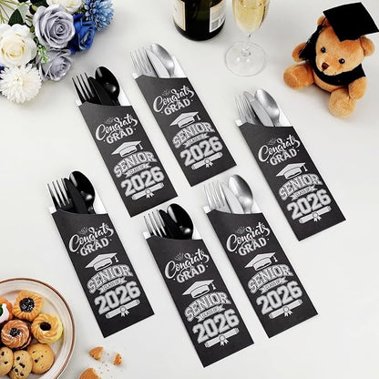 Funnymoom 400 Pcs 2026 Graduation Wrapped Silverware Bags Holder - Disposable Dinnerware Set Includes Plastic Spoons Knives and Forks, Class of 2026 Parties School Congrats Supplies(Black and Gray)