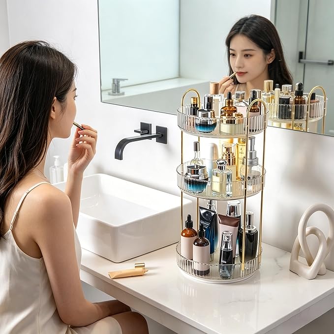 360° Rotating Makeup Organizer, Large Capacity 3 Tier Perfume Skincare Clear Bathroom Organizers, Multi-Function Spinning Cosmetic Storage for Bedroom, Dresser, Countertop