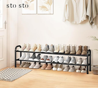 STO STO Long Expandable Shoe Rack 2-Tier, Adjustable Length 33.7”–47.5” Shoe Organizer, Metal Shoes Storage Shelf, Holds Up to 18 Pairs, Non-Slip Feet, for Closet, Entryway, Hallway, Front Door, Black