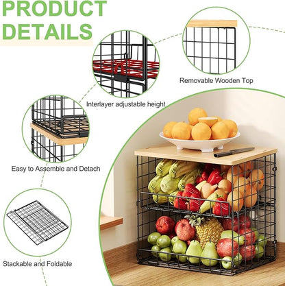 4 Pack Stackable Wire Baskets for Pantry Organizers and Storage, Pantry Baskets with Fixed Wooden Top, Fruit and Vegetable Storage Bins for Organizing Onion Potato Snack for Kitchen Cabinet/Countertop