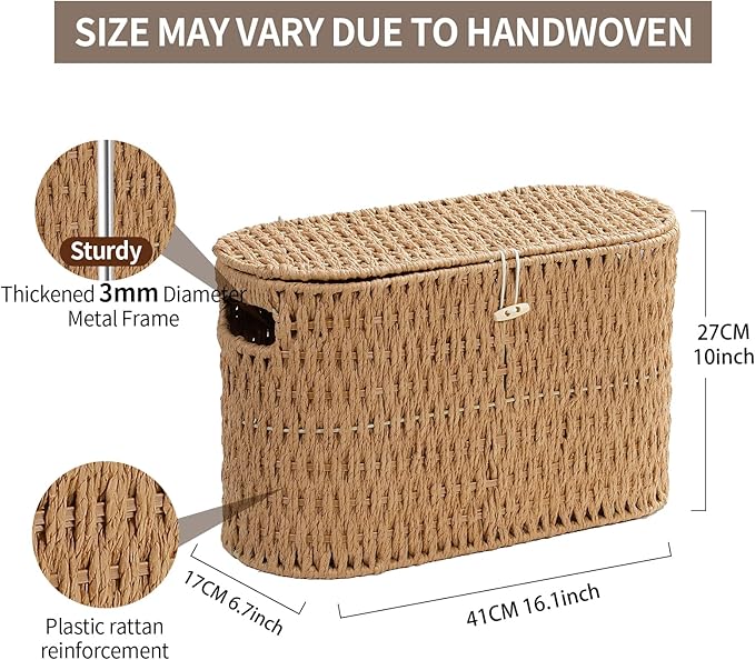 Coeusy Toilet Paper Basket with Lid,Paper Rope Decor Basket for Bathroom Organizers and Storage,Holds Up to 6 Mega Rolls,Decorative Hand-Woven Bathroom Bedroom Living Room Decor