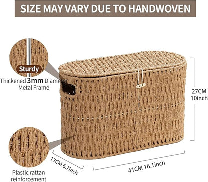 Coeusy Toilet Paper Basket with Lid,Paper Rope Decor Basket for Bathroom Organizers and Storage,Holds Up to 6 Mega Rolls,Decorative Hand-Woven Bathroom Bedroom Living Room Decor