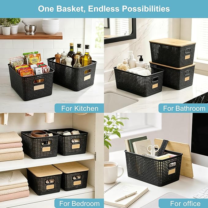Bagnizer 2 Pack Tall Plastic Storage Bins with Bamboo Lids, 10.8qt Stackable Storages Baskets for Organizing Desktop Closet Playroom Classroom Office, 12"L x 8.3"W x 6.1"H, Black
