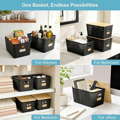 Bagnizer 2 Pack Tall Plastic Storage Bins with Bamboo Lids, 10.8qt Stackable Storages Baskets for Organizing Desktop Closet Playroom Classroom Office, 12"L x 8.3"W x 6.1"H, Black