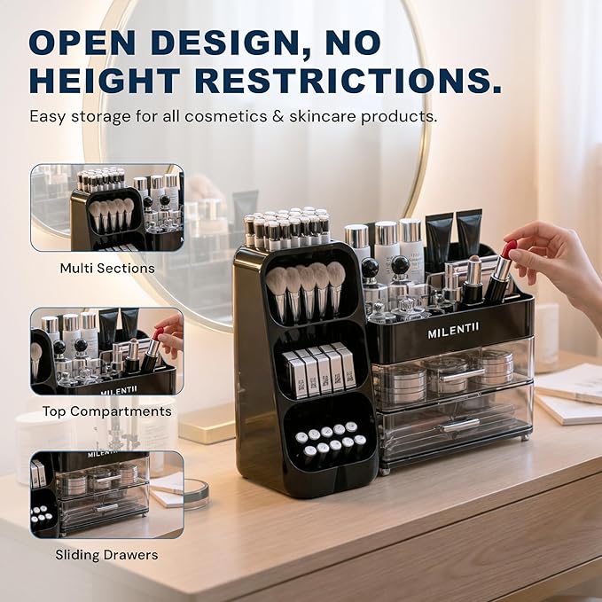 Makeup Organizer with Drawers, Large Capacity Cosmetic & Skincare Storage Box, Countertop Vanity Organizer for Bathroom, Bedroom & Dresser, ABS Plastic Makeup Storage Organizer, Black