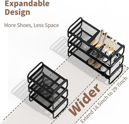3 Tier Shoe Rack - Expandable Shoe Organizer for Closet, Adjustable Metal Shoe Shelf Storage, Stackable Long Shoe Stand Holder for Garage, Entryway, Door Entrance