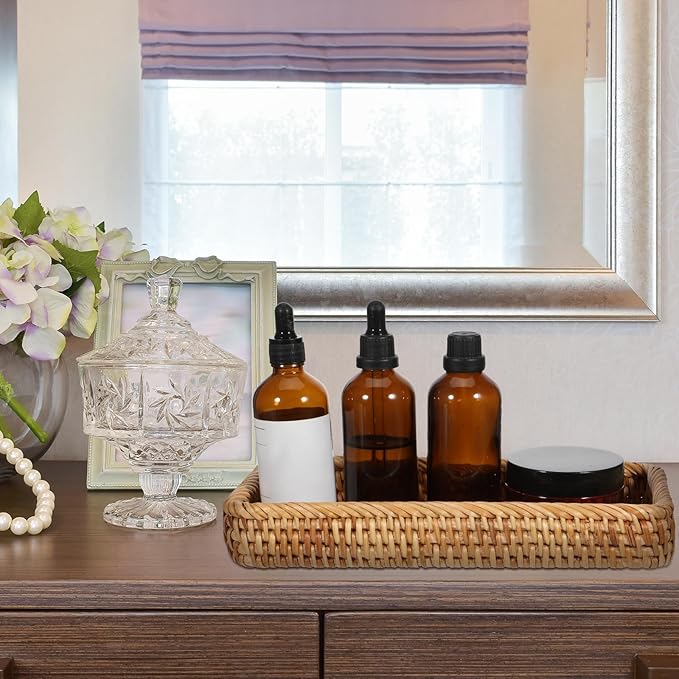 COMNICO Rattan Bathroom Vanity Tray, 10 Inch Natural Water Hyacinth Toilet Tank Baskets Decorative Wicker Vintage Storage Basket Topper Bins for Bathroom Kitchen Countertop Table