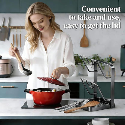 Kitchen Pot Lid Storage Rack, Steel Lid Holder with Removable Drip Tray, Double-Layer Countertop Organizer