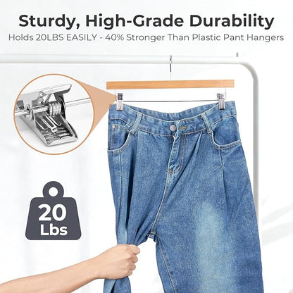 HOUSE DAY Premium Wooden Pants Hangers 15 Pack, Solid Lotus Wood Skirt Hangers with 2-Adjustable Clips, Heavy Duty & Anti Slip Wood Bottom Hanger for Slacks, Jeans, Trousers, Shorts (Natural)