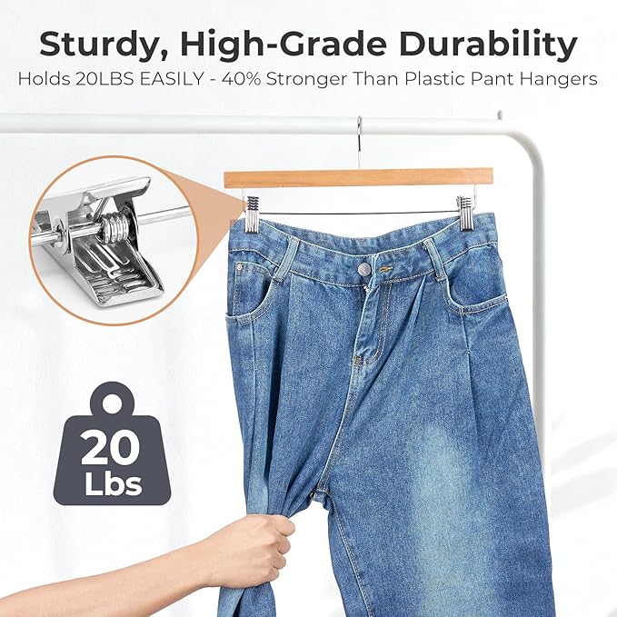 HOUSE DAY Wooden Pants Hangers with Clips, Solid Lotus Deluxe Wood Skirt Hangers, Heavy Duty & Anti-Rust Hook for Wrinkle-Free Slacks, Skirts, Jeans, Space Saving for Closet 20 Pack (Natural)
