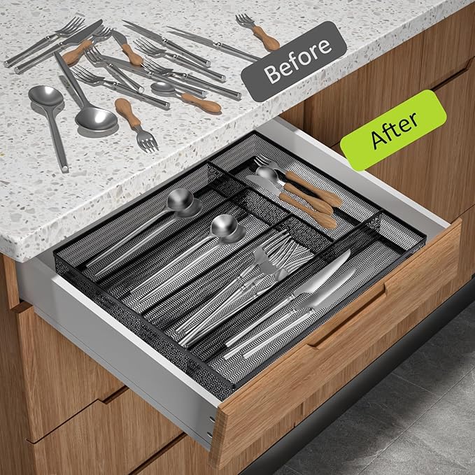 Neudeco Silverware Drawer Organizer - 5 Compartment Cutlery Tray with Non-Slip Feet, Mesh Wire Flatware Storage Divider for Kitchen, Bedroom, Living Room (Black)