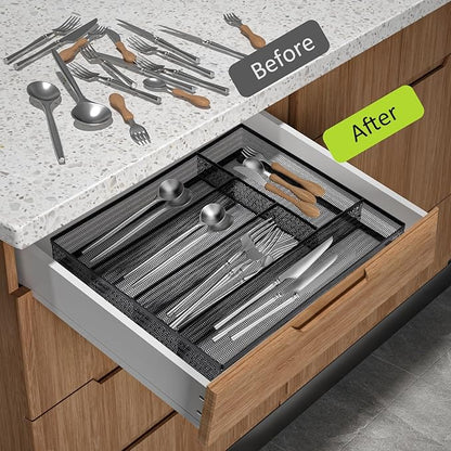 Neudeco Silverware Drawer Organizer - 5 Compartment Cutlery Tray with Non-Slip Feet, Mesh Wire Flatware Storage Divider for Kitchen, Bedroom, Living Room (Black)