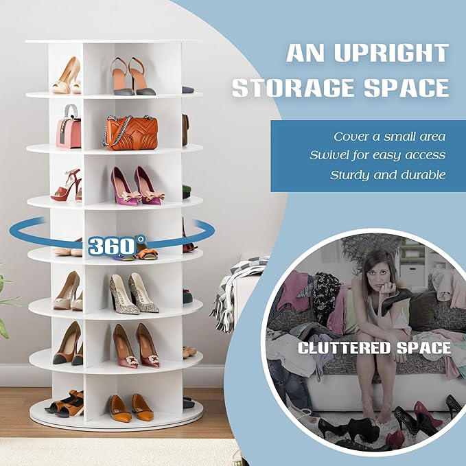 7-Tier Rotating Shoe Rack Tower - 360 Spinning Shoe Organizer, Vertical Lazy Susan, Closet Cabinet Rack for 28 Pairs of Shoes Bags Plants