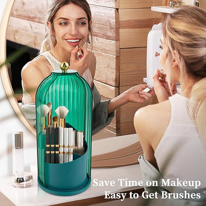 Makeup Brush Holder with Lid 360 Rotating Makeup Brush Organizer, Dustproof Waterproof Material & with 3 Compartments for Organized Storage, Dressing Tables Clear Storage Skincare Cosmetic (Green)