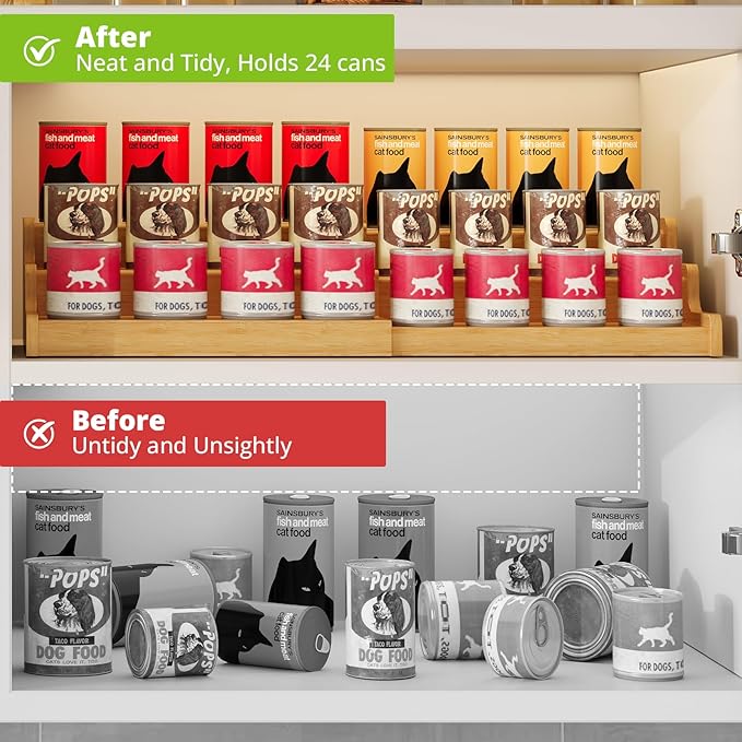 Expandable Bamboo Can Storage Display for Pantry, Easy-Access 3-Tier Adjustable Can Organizer Shelf for Cabinets, Canned Goods & Food Storage, Soda Can Organizer Holds Up to 24 Cans (Patent Pending)