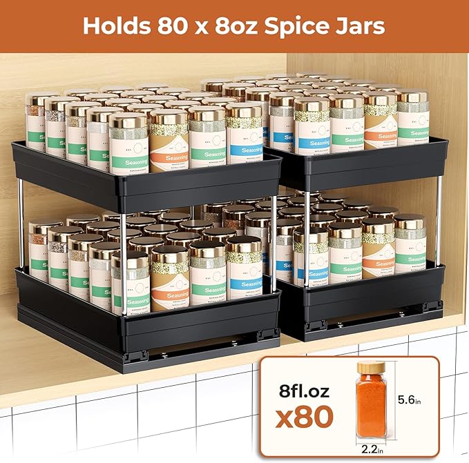 Mystozer Pull Out Spice Rack Organizer for Cabinet, Slide Out Spice Racks Organizer, Easy to Install Spice Cabinet Organizers, 8.26''Wx10.62''Dx8.66''H, 2 Packs-2 Tiers (Black)