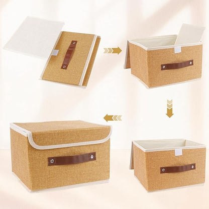 Small Storage Bin with Lid Storage Boxes,Collapsible Linen Storage Basket Container with Lid Storage Cube for Organizing Closets,3 Pack(Light brown)