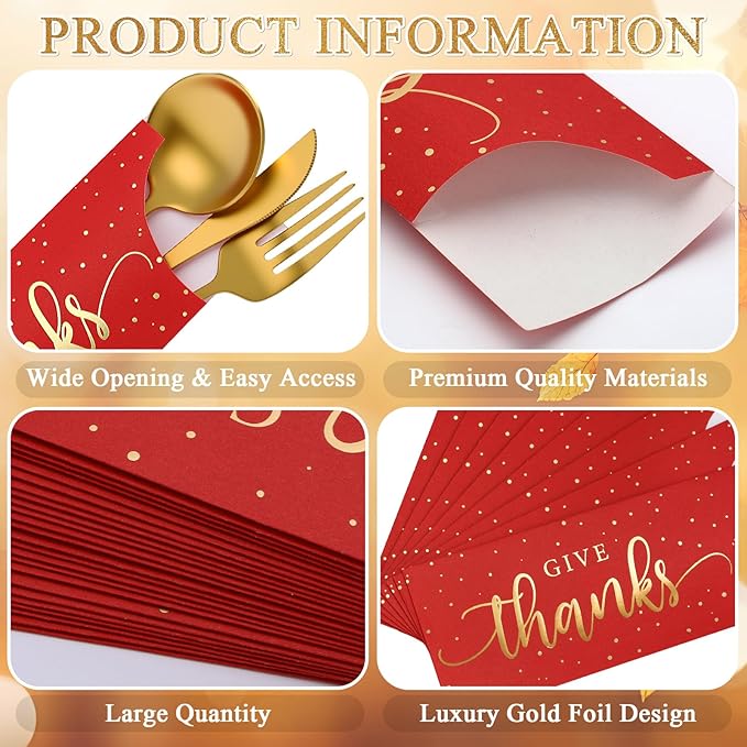 Eaasty 100 Pcs Thanksgiving Utensil Holder, Gold Foil Give Thanks Silverware Bag Disposable Silverware Sleeves Cutlery Holder for Thanksgiving Table Decoration Fall Harvest Party Supplies(Dark Red)