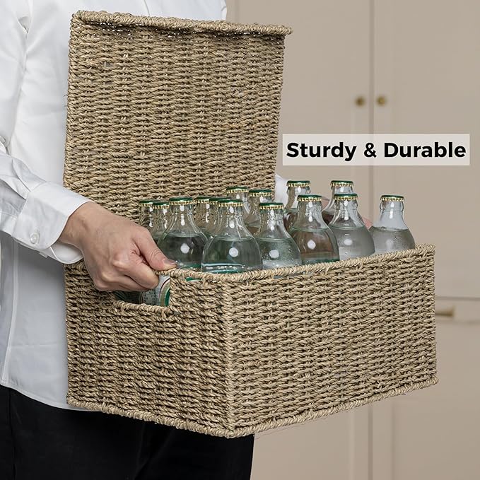 StorageWorks Scalloped Edge Wicker Basket, Seagrass Storage Baskets for Living Room, Bedroom, 15" L x 11 ¼" W x 7" H