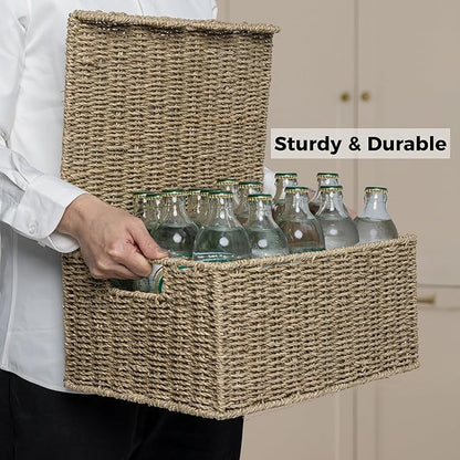 StorageWorks Scalloped Edge Wicker Basket, Seagrass Storage Baskets for Living Room, Bedroom, 15" L x 11 ¼" W x 7" H