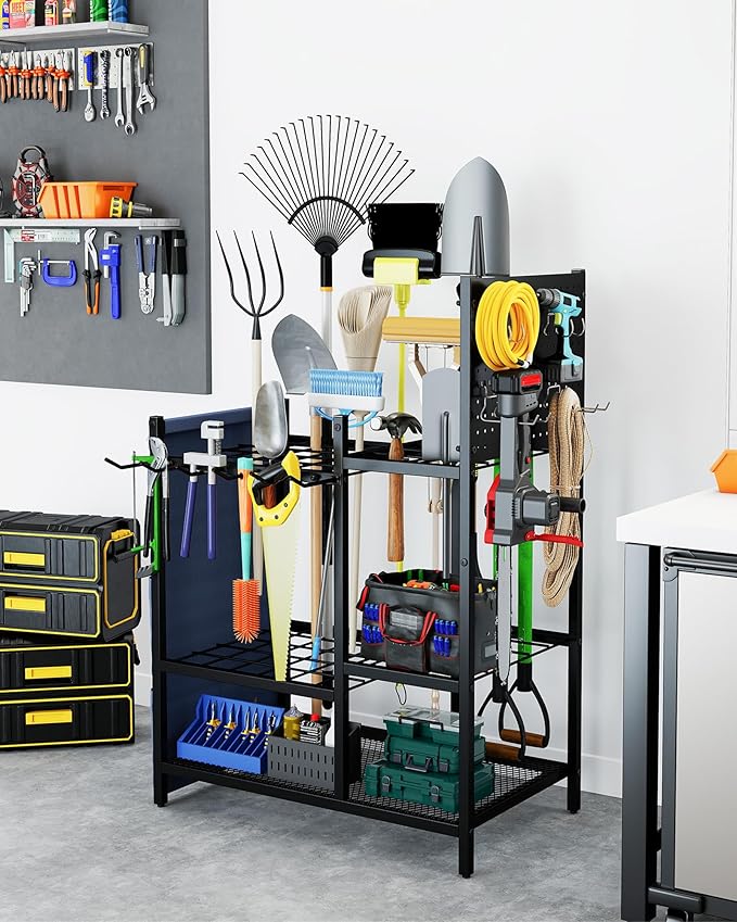 Garden Tool Organizer with Pegboard, Yard Tool Holder Standing for Garage Organization, Up to 30 Long-Handled/10 D-Handled Tools/Rake/Broom/Shovel/, with Side Storage Pocket