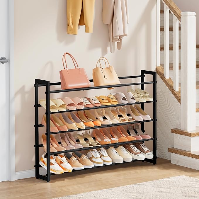 FAVOOSTY 5-Tier Expandable Shoe Rack, Adjustable Shoe Shelf Storage Organizer Space Saving Metal Free Standing Shoe Rack for Entryway Closet Doorway, Silver Grey (Black, 5 Tier)