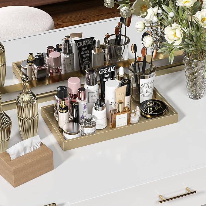 ZHWS Gold Bathroom Vanity Tray for Countertop Perfume Makeup Jewelry Candle Decor, Kitchen Tray for Soap Dispenser Spice Salt, Large Gold Tray for Toilet Tank Paper, Serving Nightstand 13”x6.5”