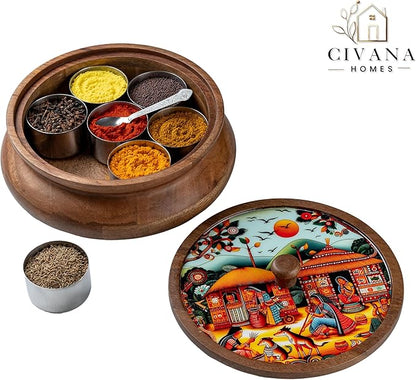 Wooden Spice box for kitchen with spoon, Mango wood box with 7 Steel containers | Masala box for kitchen | Masala Dani | Best Gift (Red Masala Box)
