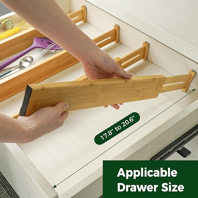 Utoplike 4 pcs Bamboo Kitchen Drawer Dividers Large, Adjustable Drawer Organizers, Spring Loaded, Expandable Organization Works in Kitchen, Dresser, Bathroom, Bedroom, Drawer, Desk