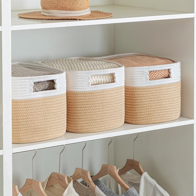 UBBCARE 4 Pack Storage Baskets for Organizing, Shelf Baskets with Handles, Woven Storage Baskets for Bookcase/Cube Shelf/Closet, 14.5"L x 9.8"W x 9"H, White&Brown