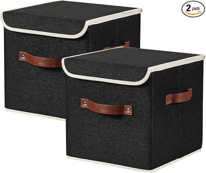 2PCS Storage Cubes with Lid Fabric Storage Bins Boxes PU Leather Handles Cotton Linen Closet Organizer Container Decorative Foldable Washable Shelf Cloth Basket (Flip-top Lid, Black, 11in)